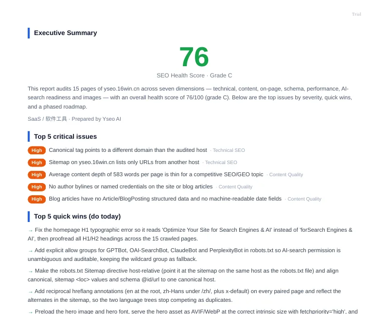 First page of a real Yseo SEO audit report, showing the overall SEO health score